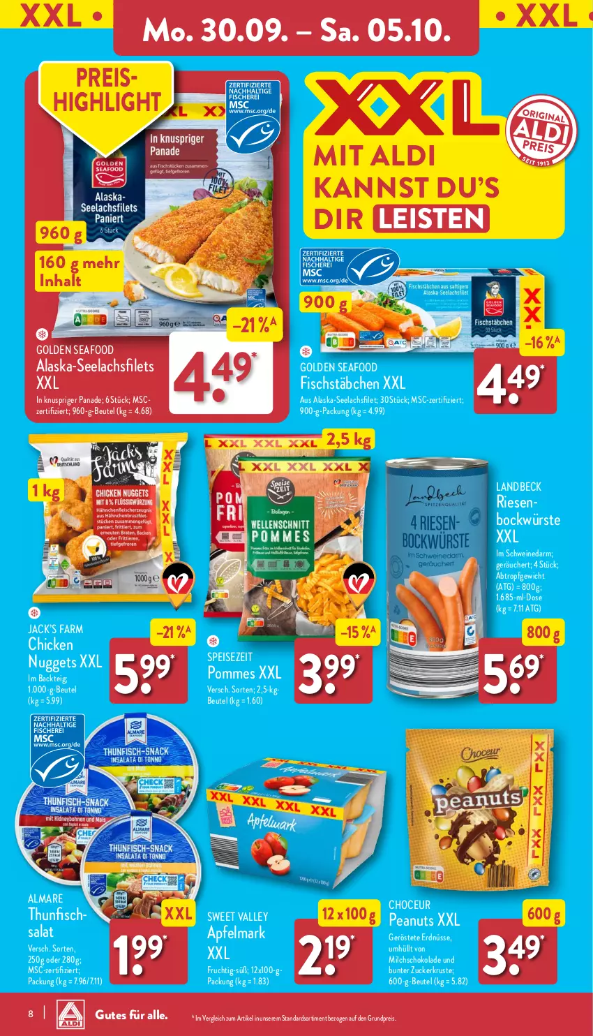 Aktueller Prospekt Aldi Nord - Von Montag - von 30.09 bis 05.10.2024 - strona 8 - produkty: Alaska-Seelachs, Alaska-Seelachsfilet, aldi, almare, apfel, beutel, chicken nuggets, eis, erdnüsse, filet, filets, fisch, fischstäbchen, frucht, lachs, lachsfilet, lachsfilets, milch, nuggets, pommes, reis, salat, schoko, schokolade, schwein, schweine, seelachsfilet, thunfisch, Thunfischsalat, Ti, wein, weine, zucker