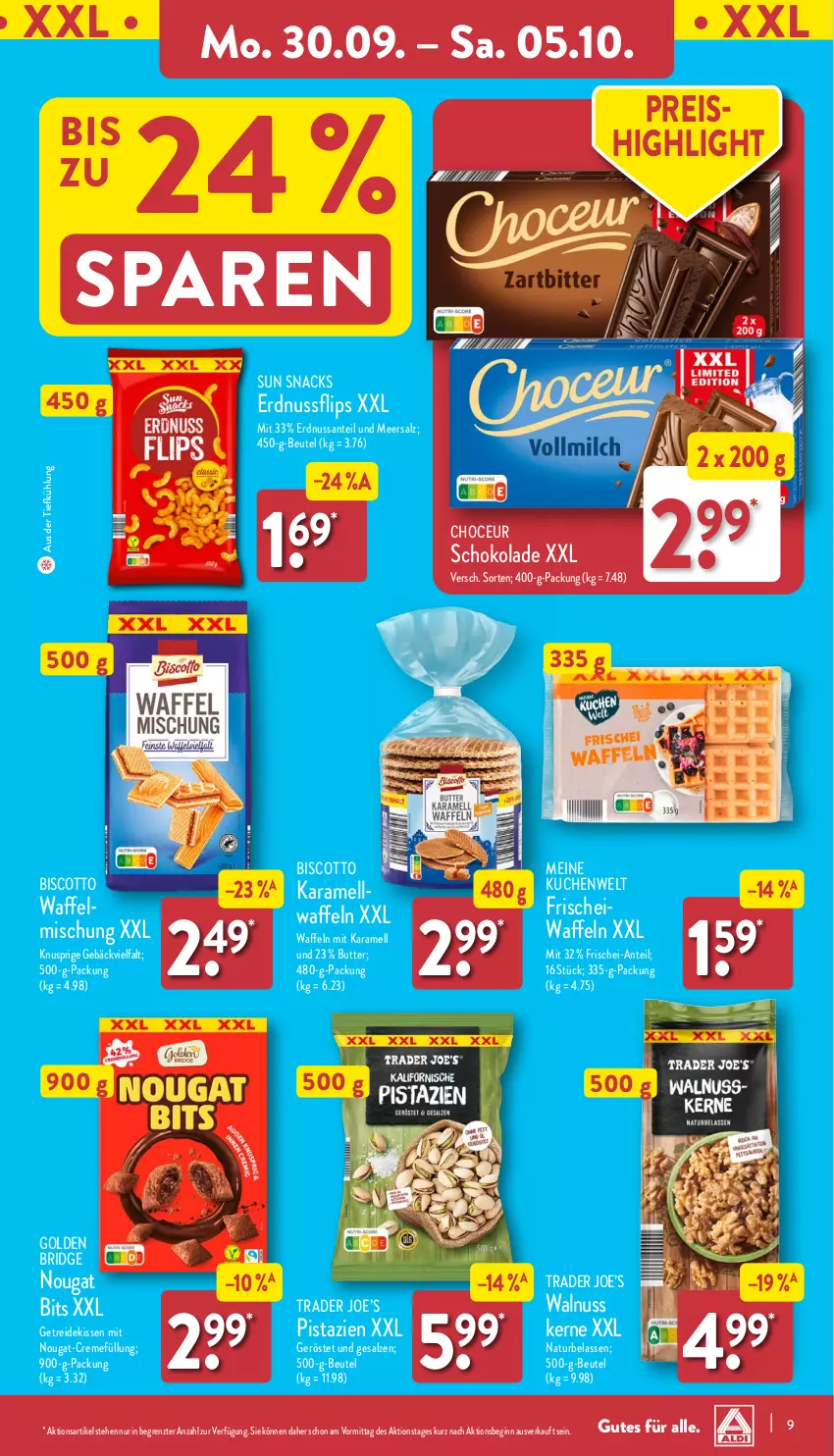 Aktueller Prospekt Aldi Nord - Von Montag - von 30.09 bis 05.10.2024 - strona 9 - produkty: aus der tiefkühlung, beutel, biscotto, butter, creme, eis, erdnuss, gin, karamell, kissen, kuchen, meersalz, natur, nuss, pistazien, reis, salz, SANTE, schoko, schokolade, snack, snacks, Sun Snacks, Ti, waffeln, walnuss, Walnuss Kerne, ZTE