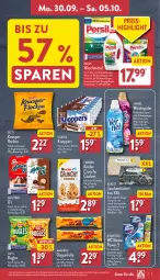 Gazetka promocyjna Aldi Nord - Von Montag - Gazetka - ważna od 05.10 do 05.10.2024 - strona 7 - produkty: alkohol, beutel, brot, bugles, cookie, cookies, domestos, eis, elle, ferrero, flasche, gin, keks, kekse, Kinder, knäckebrot, knoppers, Knusperflocken, kraft, Marabou, milch, persil, reis, schoko, schokolade, storck, Tasche, taschen, taschentücher, Taschentücherbox, teller, Ti, tücher, vernel, vollmilch, waschmittel, WC-Steine, weichspüler, ZTE