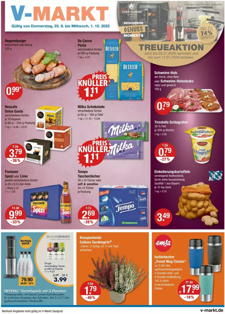 Aktueller Prospekt Vmarkt - Prospekte - von 25.09 bis 01.10.2025 - strona 1 - produkty: angebot, angebote, Becher, dolce gusto, eis, flasche, gewürz, LG, limo, milka, milka schokolade, natur, nescafe, Paula, paulaner, reis, schoko, schokolade, Spezi, Tasche, taschen, taschentücher, Tempo, Ti, tücher