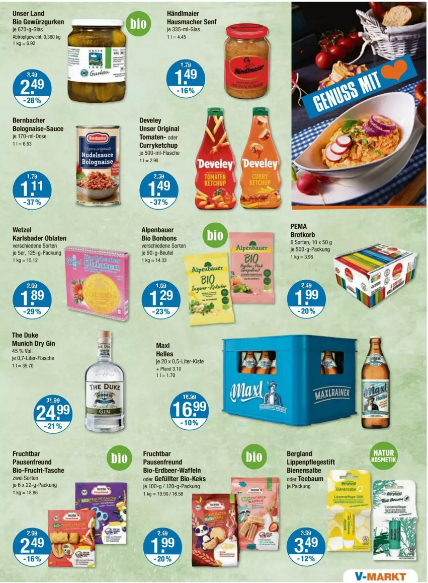 Aktueller Prospekt Vmarkt - Prospekte - von 25.09 bis 01.10.2025 - strona 13 - produkty: auer, Bad, Bau, Bauer, bernbacher, beutel, bio, bonbons, curry, develey, dry gin, elle, flasche, frucht, gewürz, Gewürzgurke, gewürzgurken, gin, gurke, gurken, Hausmacher, je 500-ml-flasche, keks, ketchup, Lippenpflege, mac, Oblaten, sauce, senf, Tasche, tee, Ti, tomate, tomaten, waffeln