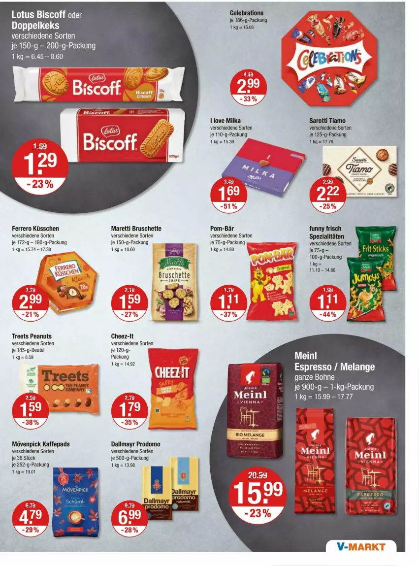 Aktueller Prospekt Vmarkt - Prospekte - von 25.09 bis 01.10.2025 - strona 9 - produkty: beutel, bio, biscoff, bohne, Bruschette, dallmayr, dallmayr prodomo, Elan, espresso, ferrero, Ferrero Küsschen, Funny Frisch, keks, milka, mövenpick, pom-bär, prodomo, Spezi, Ti