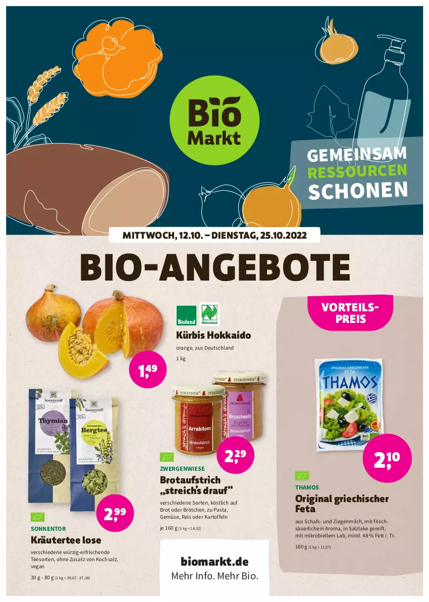 Aktueller Prospekt Denns Biomarkt - Prospekte - von 12.10 bis 25.10.2022 - strona 1 - produkty: angebot, angebote, aufstrich, bio, brot, brotaufstrich, brötchen, eis, elle, feta, gin, kartoffel, kartoffeln, kräuter, Kürbis, milch, orange, pasta, reis, salz, tee, vorteilspreis