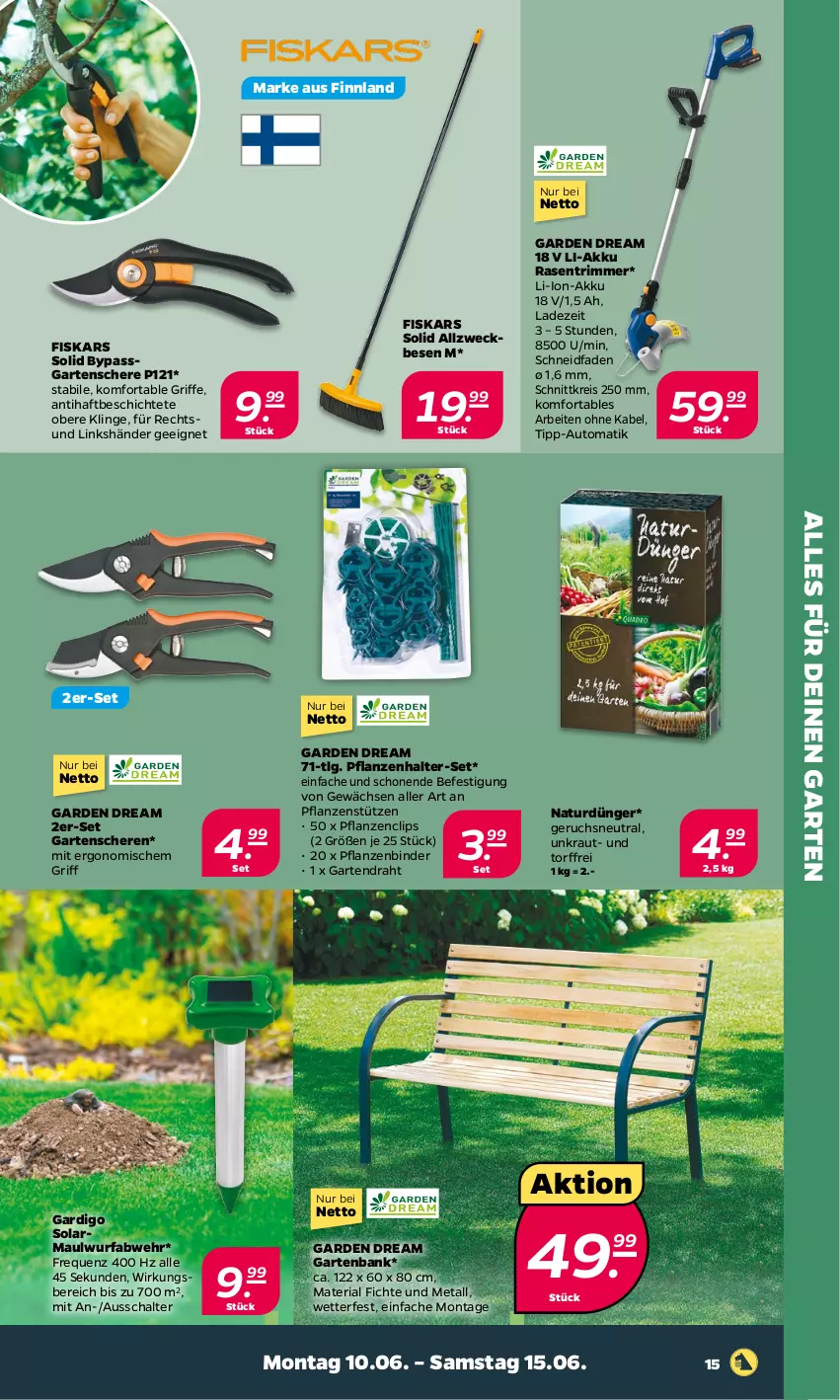 Aktueller Prospekt Netto - Woche 24 - von 10.06 bis 15.06.2024 - strona 19 - produkty: akku, auto, Bank, Draht, dünger, eis, fiskars, Garten, gartenbank, Gartenschere, Kraut, LG, li-ion-akku, natur, pflanze, pflanzen, rasen, rasentrimmer, reis, Ria, Schal, Schere, Ti, weck