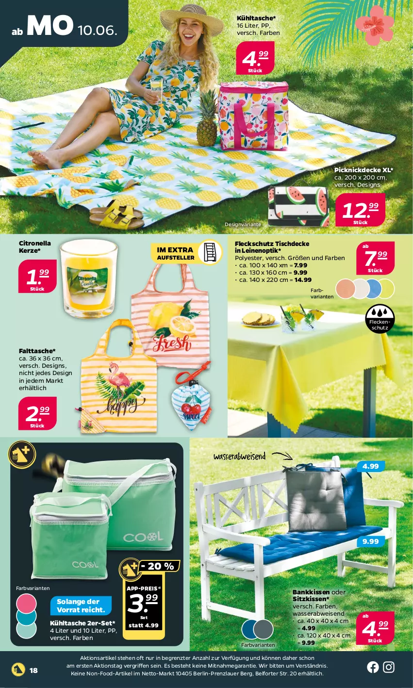 Aktueller Prospekt Netto - Woche 24 - von 10.06 bis 15.06.2024 - strona 22 - produkty: auer, Bank, decke, eis, kerze, kissen, kühltasche, leine, picknickdecke, reis, Ria, sitzkissen, Tasche, Ti, tisch, tischdecke, wasser, ZTE