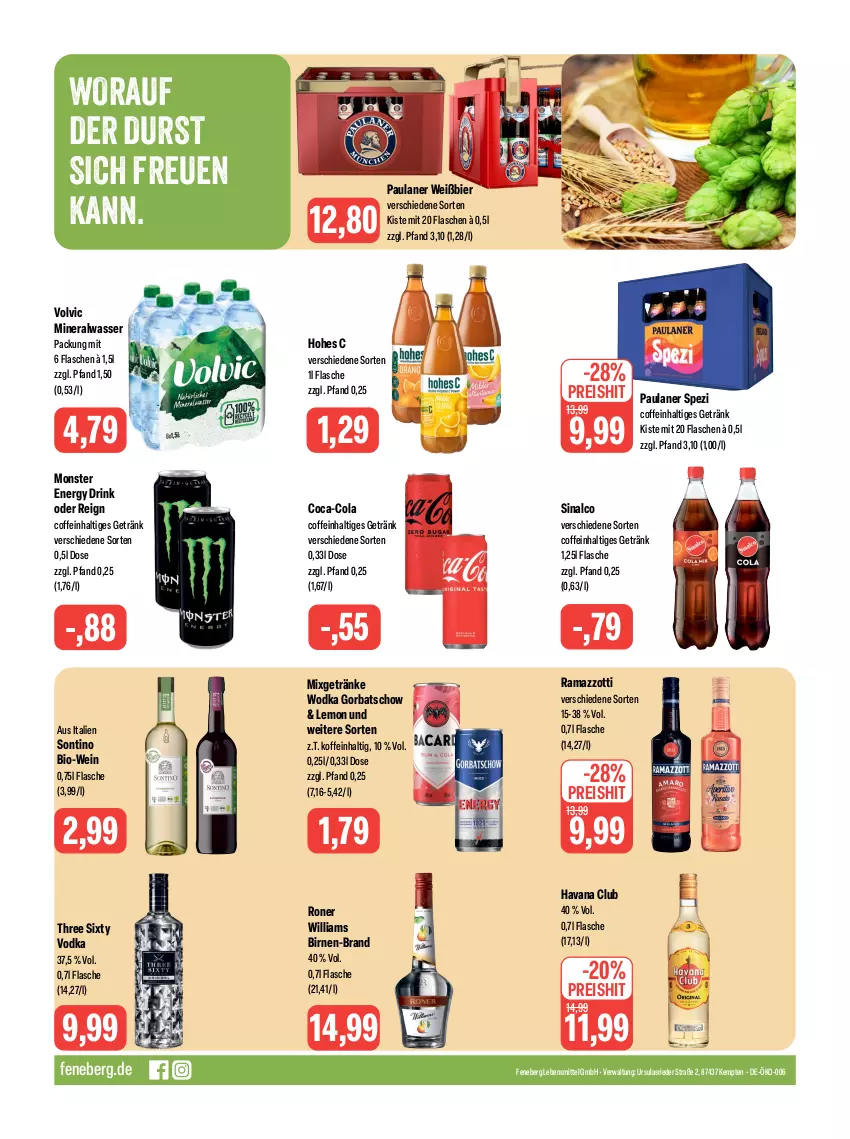 Aktueller Prospekt Feneberg - Prospekte - von 10.08 bis 12.08.2023 - strona 12 - produkty: Alwa, bier, bio, Bio-Wein, Birnen, coca-cola, coffein, cola, drink, eis, energy drink, flasche, getränk, getränke, Gorbatschow, Havana Club, Hohes C, lebensmittel, mineralwasser, Mixgetränk, monster, Monster Energy, Paula, paulaner, rama, ramazzott, ramazzotti, reis, sinalco, Spezi, Three Sixty, Ti, vodka, volvic, wasser, wein, Williams Birne, wodka, zott