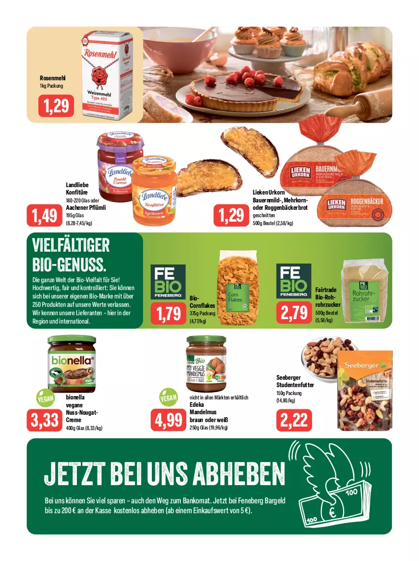 Aktueller Prospekt Feneberg - Prospekte - von 10.08 bis 12.08.2023 - strona 8 - produkty: auer, Bank, Bau, Bauer, Berger, beutel, bio, braun, brot, creme, deka, ente, flakes, konfitüre, korn, landliebe, lieken, mandel, Mandelmus, mehl, Nougatcreme, nuss, rohrzucker, rosen, Rosenmehl, schnitten, seeberger, studentenfutter, Ti, trolli, urkorn, zucker