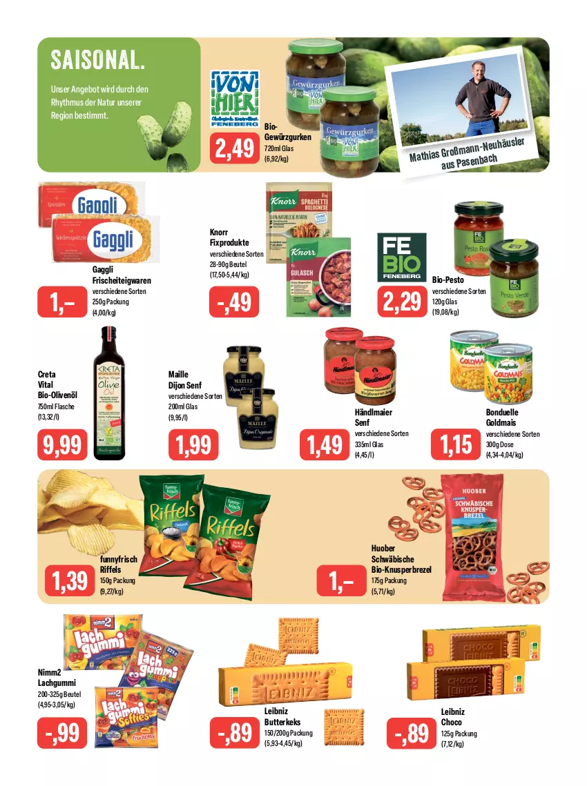 Aktueller Prospekt Feneberg - Prospekte - von 10.08 bis 12.08.2023 - strona 9 - produkty: angebot, beutel, bio, Bio-Olivenöl, bonduelle, bonduelle goldmais, brezel, butter, butterkeks, creta vital, Dijon Senf, elle, flasche, gaggli, gewürz, Gewürzgurke, gewürzgurken, Goldmais, gurke, gurken, händlmaier, huober, keks, knorr, knorr fix, lachgummi, leibniz, maille, mais, natur, nimm2, olive, oliven, olivenöl, pesto, senf, teigwaren, Ti, vita