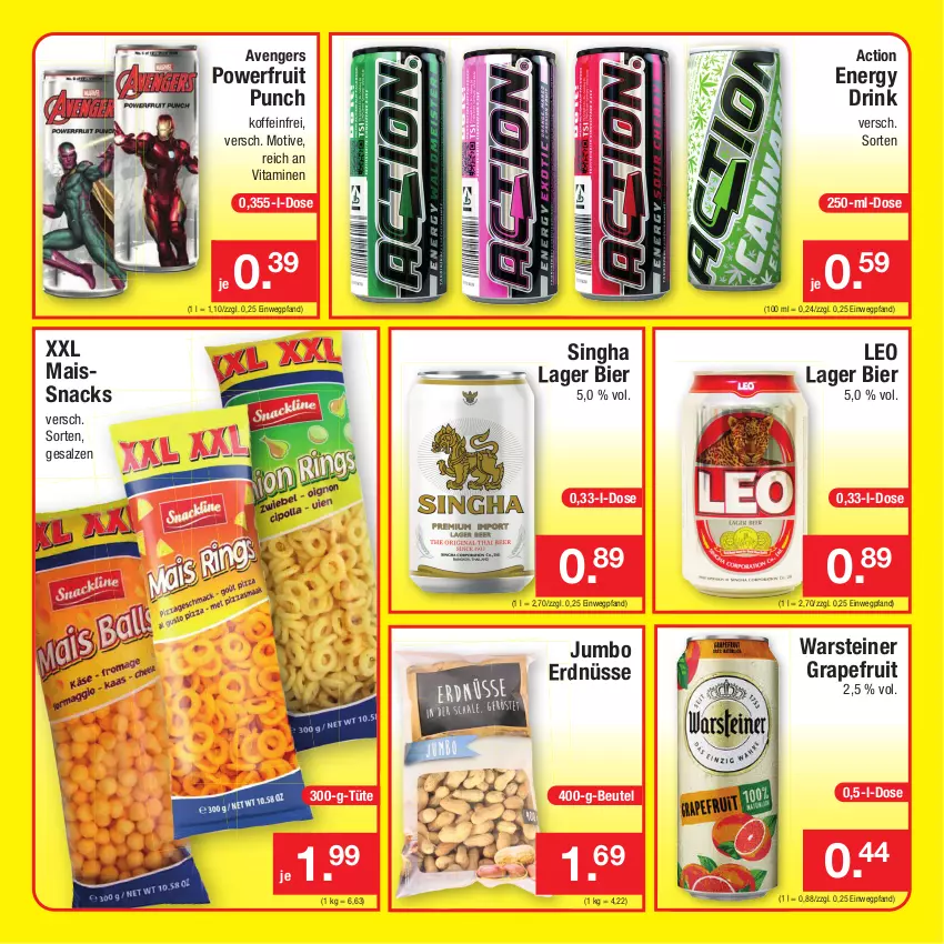 Aktueller Prospekt Zimmermann - Prospekte - von 13.12 bis 18.12.2021 - strona 11 - produkty: beutel, bier, drink, energy drink, erdnüsse, grapefruit, jumbo, mais, salz, snack, snacks, steiner, Ti, Tüte, vita, Vitamine, warsteiner