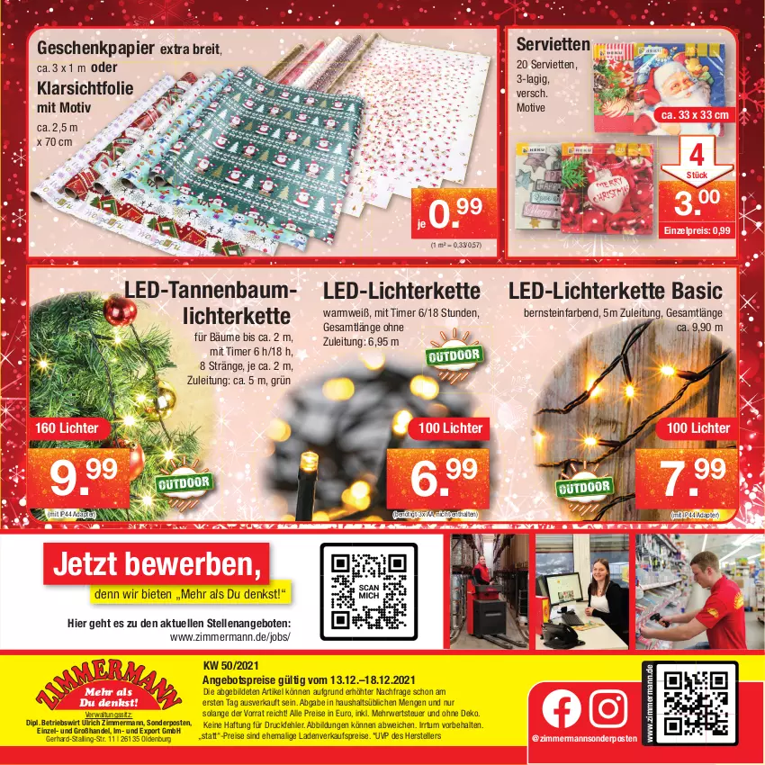 Aktueller Prospekt Zimmermann - Prospekte - von 13.12 bis 18.12.2021 - strona 32 - produkty: adapter, angebot, angebote, angebotspreis, Bau, Brei, dip, eis, elle, Geschenkpapier, Kette, led-licht, lichterkette, papier, reis, rwe, Serviette, servietten, sonderposten, Tannenbaum, teller, Ti, timer