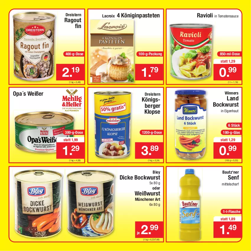 Aktueller Prospekt Zimmermann - Prospekte - von 13.12 bis 18.12.2021 - strona 7 - produkty: Bau, Berger, bley, bockwurst, dreistern, eis, flasche, gin, Königsberger Klopse, pastete, Ragout, ravioli, reis, sauce, senf, tomate, tomaten, tomatensauce, Weißwurst, wurst