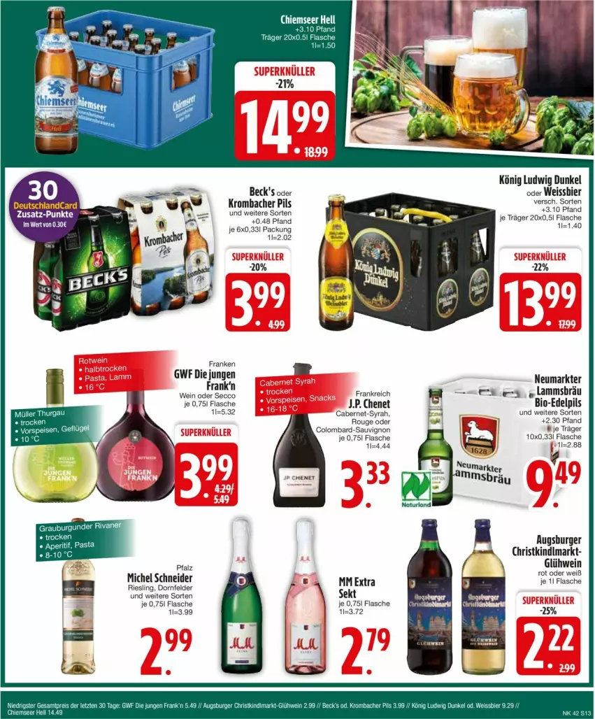 Aktueller Prospekt Edeka - Prospekte - von 14.10 bis 19.10.2024 - strona 15 - produkty: beck's, bier, bio, burger, cabernet, dornfelder, ecco, eis, flasche, Glühwein, J.P. Chenet, krombache, krombacher, krombacher pils, lamm, Michel Schneider, mm extra, pils, riesling, rouge, sauvignon, sekt, wein, weissbier