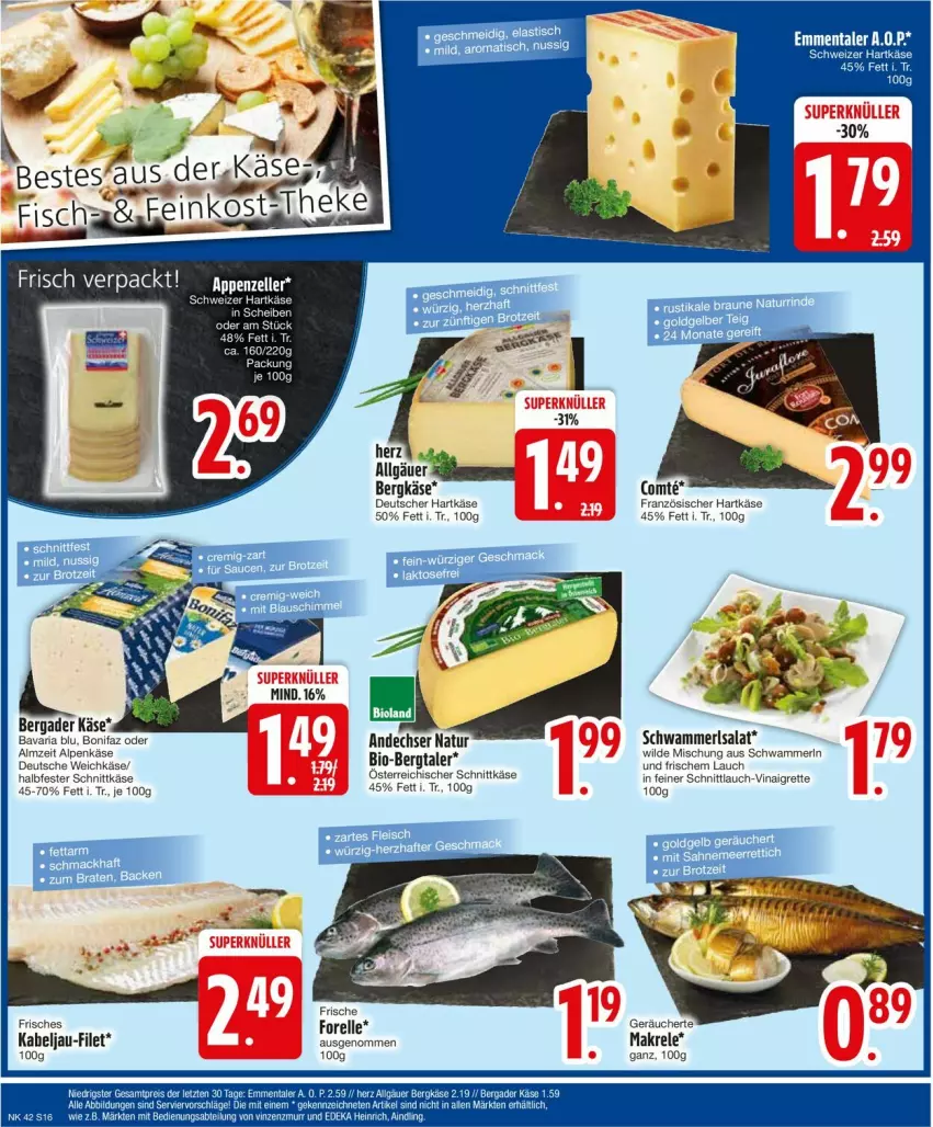 Aktueller Prospekt Edeka - Prospekte - von 14.10 bis 19.10.2024 - strona 18 - produkty: andechser natur, bavaria blu, bergader, bio, eis, elle, filet, forelle, halbfester schnittkäse, hartkäse, Käse, Makrele, merl, natur, österreichischer schnittkäse, rel, Ria, salat, schnittkäse, schnittlauch, schwamm, weichkäse, Wild