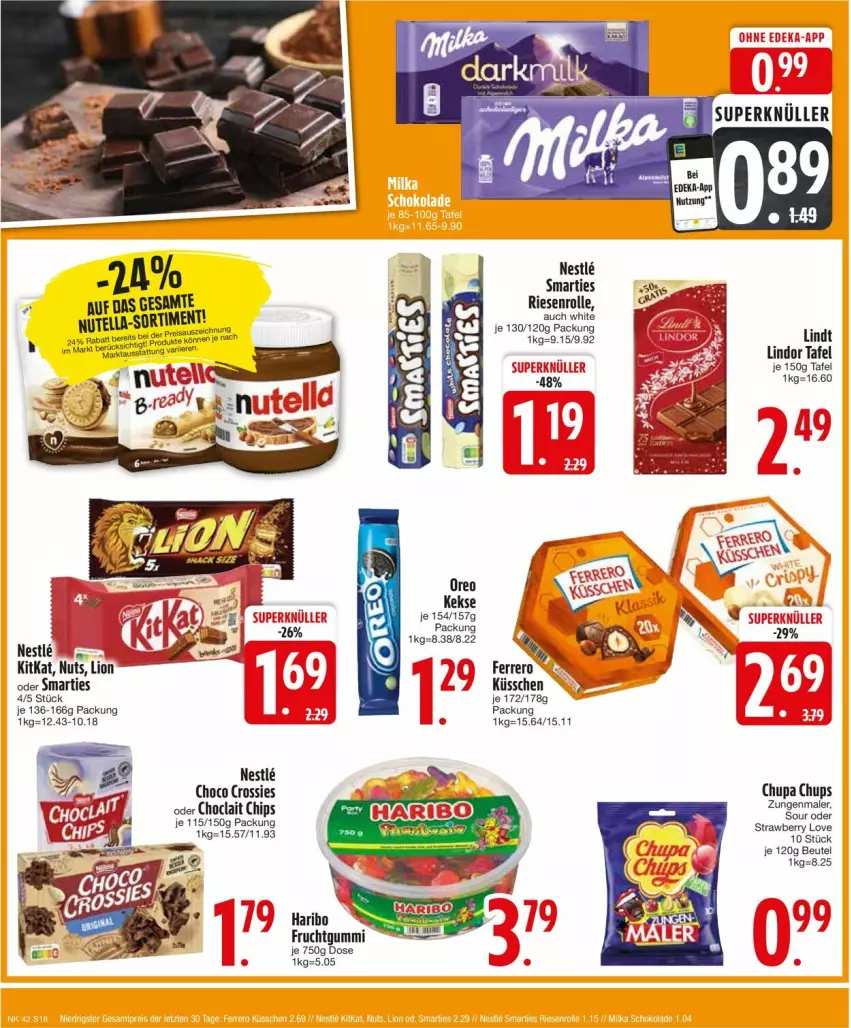 Aktueller Prospekt Edeka - Prospekte - von 14.10 bis 19.10.2024 - strona 20 - produkty: beutel, chips, choclait chips, choco crossies, chupa, chupa chups, crossies, eis, frucht, fruchtgummi, haribo, keks, kekse, kitkat, lindor, lindt, lion, oreo, reis, rel, smarties, Ti