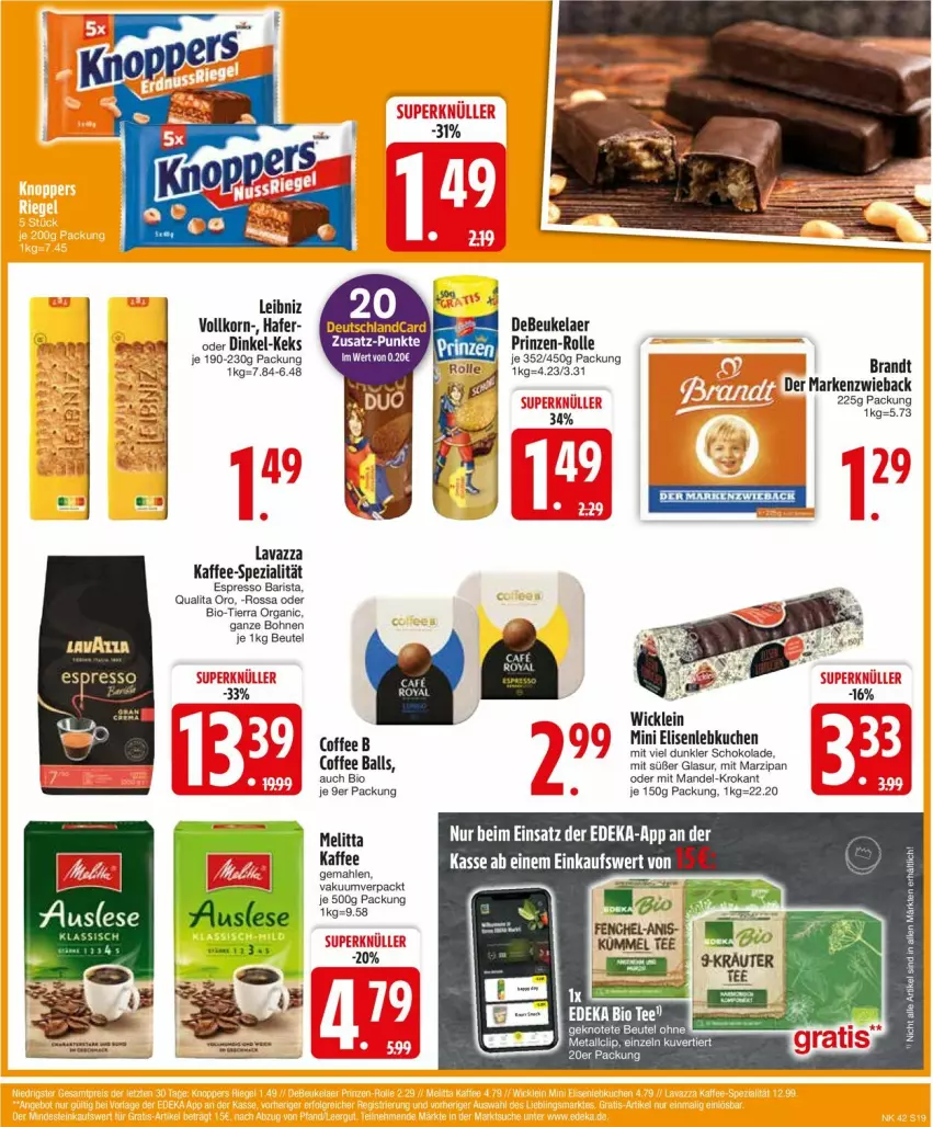 Aktueller Prospekt Edeka - Prospekte - von 14.10 bis 19.10.2024 - strona 21 - produkty: ball, beutel, bio, bohne, bohnen, brandt, debeukelaer, deutschlandcard, espresso, hafer, kaffee, keks, korn, kuchen, lavazza, Lebkuchen, leibniz, mandel, Markenzwieback, marzipan, melitta, schoko, schokolade, Spezi, tee, Ti, WICK