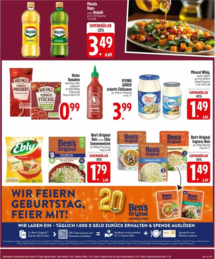 Aktueller Prospekt Edeka - Prospekte - von 14.10 bis 19.10.2024 - strona 23 - produkty: Ben’s Original, chili, eis, flasche, gin, heinz, keimöl, LG, mazola, miracel, miracel whip, reis, sauce, tomate, tomaten, Yo, ZTE