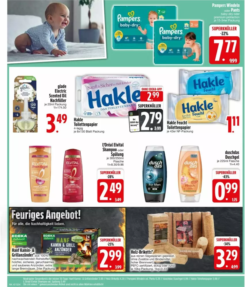 Aktueller Prospekt Edeka - Prospekte - von 14.10 bis 19.10.2024 - strona 26 - produkty: anzünder, auer, briketts, deka, duschdas, duschgel, elvital, ente, flasche, Glade, grill, grillanzünder, hakle, Holz, Kamin, papier, säge, shampoo, Ti, toilettenpapier, vita