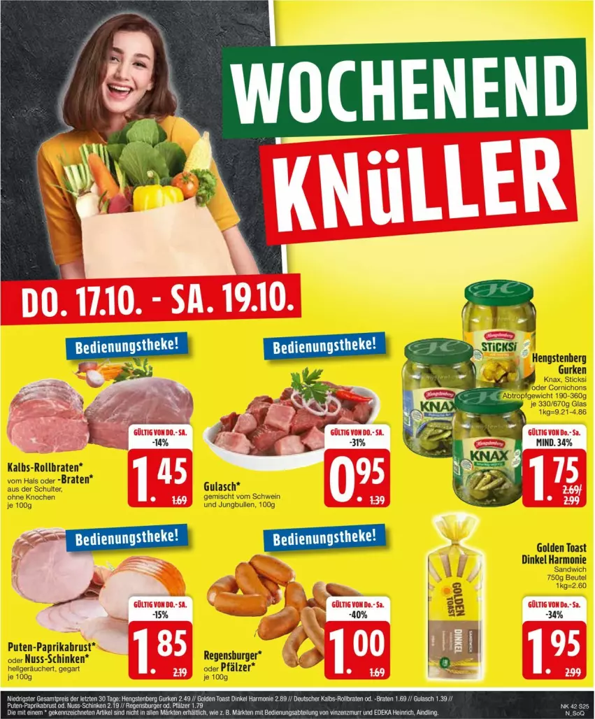 Aktueller Prospekt Edeka - Prospekte - von 14.10 bis 19.10.2024 - strona 27 - produkty: beutel, braten, burger, deka, golden toast, gulasch, gurke, gurken, hengstenberg, Hengstenberg Gurken, jungbullen, LG, nuss, paprika, pute, regensburger, rollbraten, sandwich, schinken, schwein, Ti, toast, wein