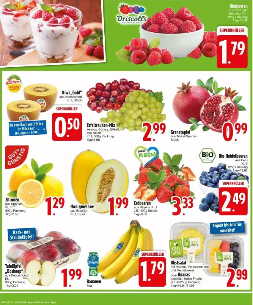 Aktueller Prospekt Edeka - Prospekte - von 14.10 bis 19.10.2024 - strona 4 - produkty: ananas, apfel, beere, beeren, eis, Elan, erdbeere, erdbeeren, frucht, grana, granatapfel, heidelbeere, heidelbeeren, honig, honigmelone, kiwi, melone, Rana, reis, Schal, Schale, snack, Strudel, tafeläpfel, tafeltrauben, Ti, trauben, zitrone, zitronen