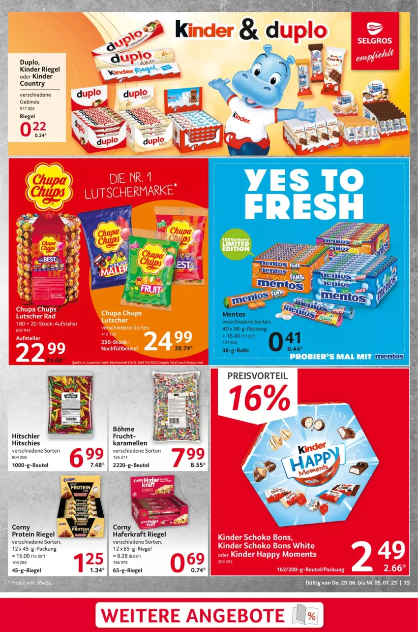 Aktueller Prospekt Selgros - Food - von 29.06 bis 05.07.2023 - strona 15 - produkty: beutel, bier, corny, duplo, eis, elle, frucht, hafer, hitschler, karamell, Kinder, kinder country, kinder riegel, kraft, preisvorteil, reis, riegel