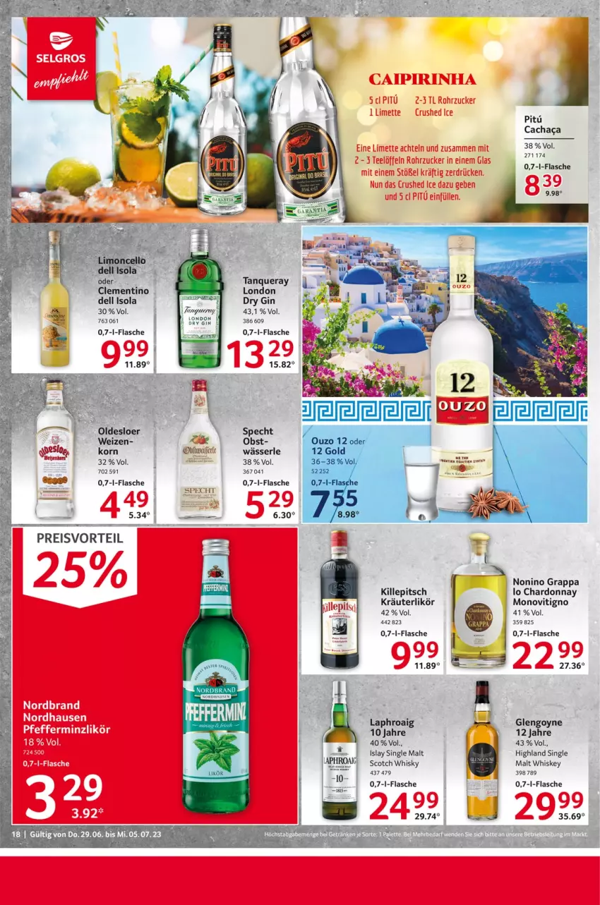 Aktueller Prospekt Selgros - Food - von 29.06 bis 05.07.2023 - strona 18 - produkty: chardonnay, dell, dry gin, eis, flasche, gin, grappa, islay single malt, kräuter, kräuterlikör, laphroaig, likör, obst, preisvorteil, reis, rohrzucker, scotch, scotch whisky, single malt, specht, Tanqueray, Ti, whiskey, whisky, zucker