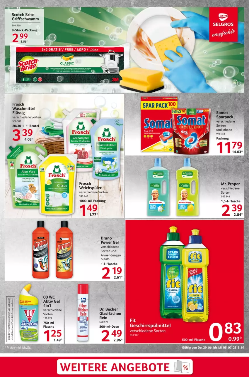 Aktueller Prospekt Selgros - Food - von 29.06 bis 05.07.2023 - strona 19 - produkty: aktiv gel, aloe vera, angebot, angebote, apfel, Becher, bio, Blüte, Dr.Becher, elle, flasche, Frosch, geschirr, geschirrspülmittel, grana, granatapfel, LG, Rana, Rauch, rwe, schwamm, scotch, spülmittel, Ti, waschmittel, weichspüler