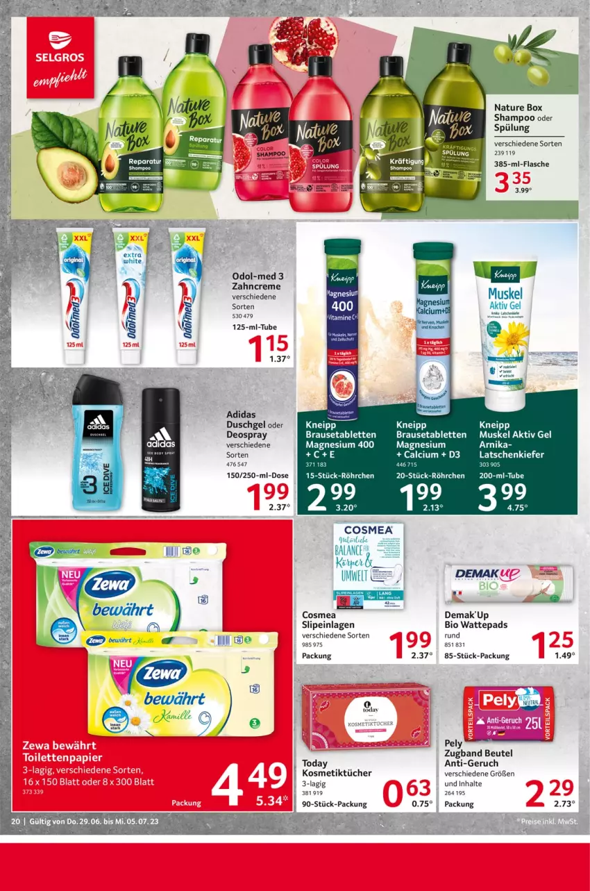 Aktueller Prospekt Selgros - Food - von 29.06 bis 05.07.2023 - strona 20 - produkty: Adidas, aktiv gel, beutel, bio, brause, Brausetabletten, Calcium, cosmea, creme, deo, deospray, duschgel, flasche, kneipp, kosmetik, Kosmetiktücher, magnesium, magnesium 400, natur, nature box, oder deospray, Odol, Odol-med 3, pely, shampoo, slip, slipeinlagen, spülung, tablet, tablett, Tablette, Ti, tücher, wattepads, zahncreme