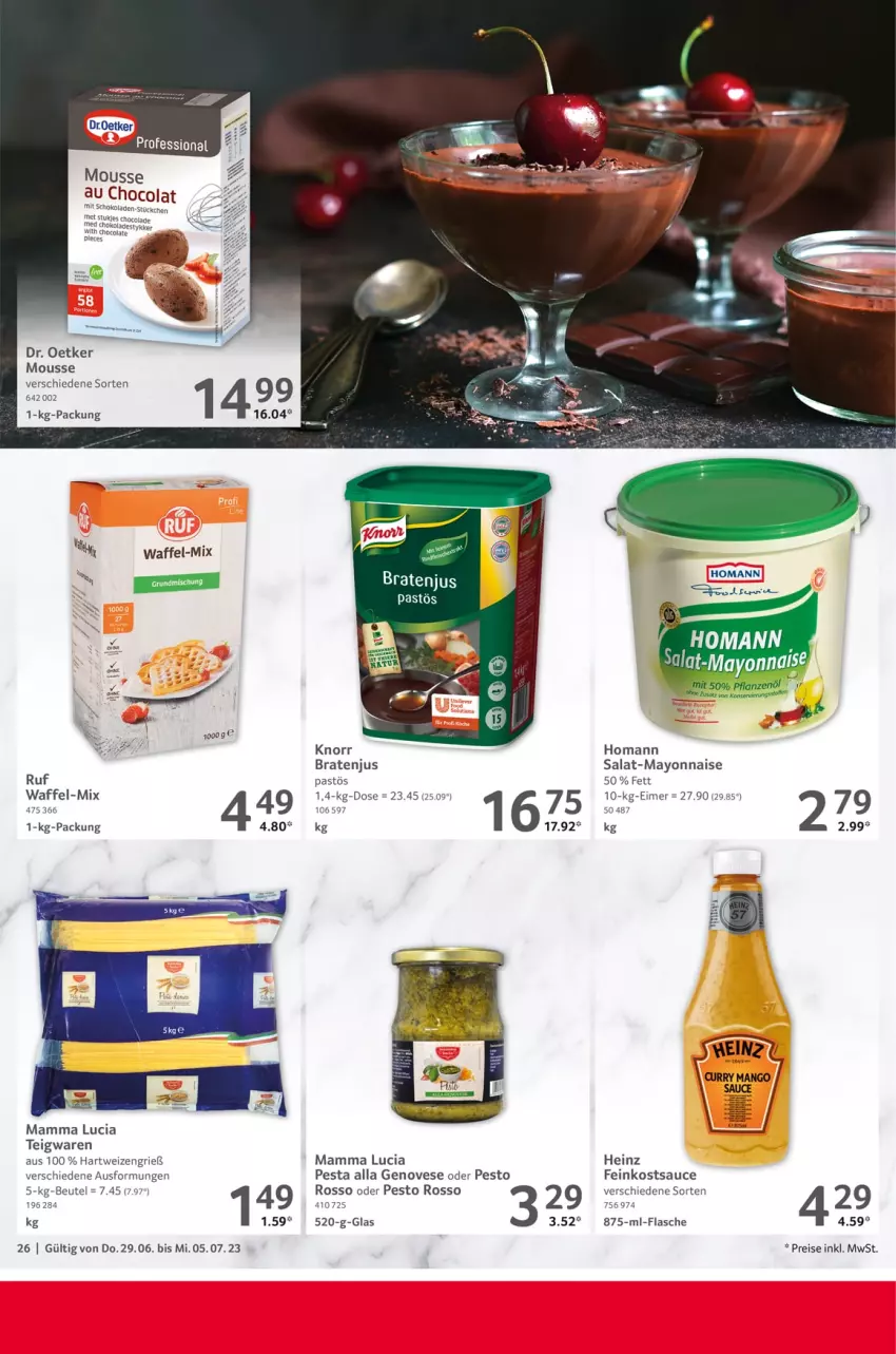 Aktueller Prospekt Selgros - Food - von 29.06 bis 05.07.2023 - strona 26 - produkty: beutel, braten, cola, Dr. Oetker, eimer, eis, feinkost, flasche, genovese, hartweizen, heinz, homann, knorr, mam, mayonnaise, mousse, Mousse au Chocolat, pesto, reis, salat, sauce, schoko, schokolade, schokoladen, teigwaren, Ti, Yo