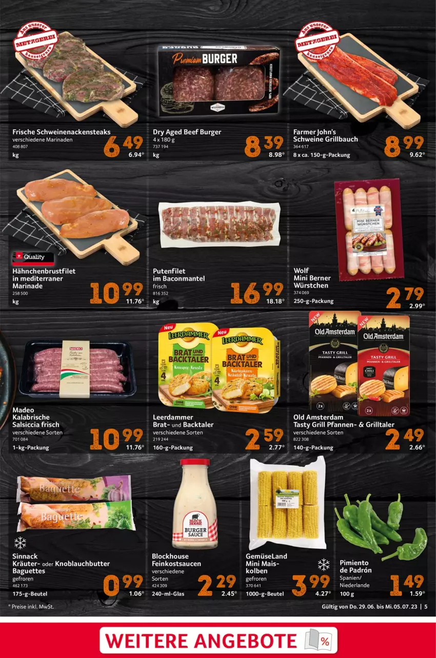 Aktueller Prospekt Selgros - Food - von 29.06 bis 05.07.2023 - strona 5 - produkty: angebot, angebote, bacon, baguette, baguettes, Bau, beef, brustfilet, burger, butter, eis, Elan, feinkost, filet, grill, Grillbauch, hähnchenbrust, hähnchenbrustfilet, knoblauch, Knoblauchbutter, kräuter, leerdammer, LG, mais, Mantel, marinade, Nackensteak, nackensteaks, pfanne, pfannen, reis, salsiccia, sauce, saucen, schwein, schweine, schweinenacken, sinnack, steak, steaks, Ti, uhu, wein, weine, würstchen