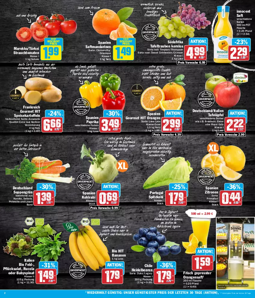 Aktueller Prospekt Aez - Prospekte - von 19.02 bis 24.02.2024 - strona 2 - produkty: auer, Babyspinat, banane, bananen, beere, beeren, berliner, bio, bio hit, braten, cola, discount, eintöpfe, eis, elle, flasche, fleisch, frucht, früchte, fruchtfleisch, grill, heidelbeere, heidelbeeren, ilag, Innocent, joghur, joghurt, kartoffel, kartoffeln, kohlrabi, kuchen, kühlschrank, mac, mandarine, mandarinen, nuss, obst, Ofen, orange, orangen, orangensaft, paprika, petersilie, Pfannkuchen, quark, Rauch, reis, rucola, rwe, saft, salat, salate, Schal, Schale, Schrank, shake, snack, speisekartoffeln, spinat, spitzkohl, strauchtomaten, suppe, suppen, tafeläpfel, tafeltrauben, Ti, tisch, tomate, tomaten, trauben, zitrone, zitronen, ZTE, zucker