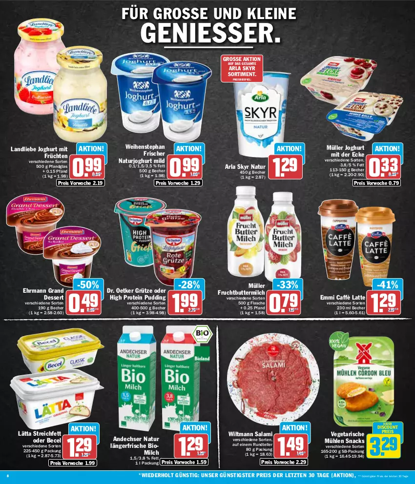 Aktueller Prospekt Aez - Prospekte - von 19.02 bis 24.02.2024 - strona 8 - produkty: andechser natur, arla, arla skyr, auer, becel, Becher, bio, butter, buttermilch, caffè latte, dessert, discount, Dr. Oetker, ehrmann, Ehrmann Grand Dessert, eis, elle, emmi, flasche, frucht, früchte, früchten, grütze, joghur, joghurt, joghurt mild, joghurt mit der ecke, landliebe, landliebe joghurt, lätta, latte, leine, milch, Müller, natur, naturjoghurt, pudding, reis, salami, Skyr, snack, snacks, teller, Ti, Vegeta, weihenstephan, wiltmann, ZTE