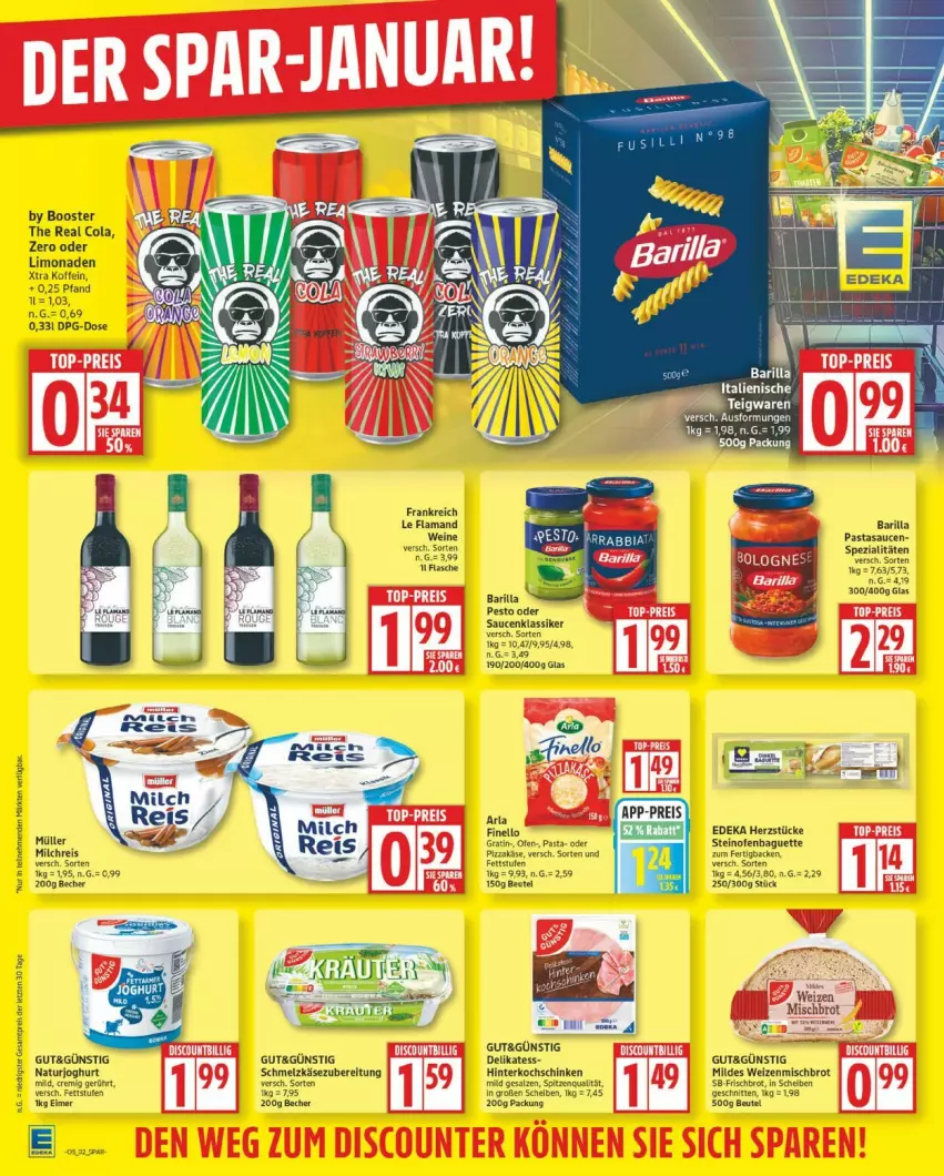 Aktueller Prospekt Edeka - Prospekte - von 26.01 bis 31.01.2026 - strona 2 - produkty: arla, baguette, barilla, Becher, beutel, brot, cola, deka, eimer, eis, finello, hinterkochschinken, joghur, joghurt, Käse, kochschinken, limo, limonade, limonaden, milch, milchreis, Müller, natur, naturjoghurt, Ofen, pasta, pesto, pizza, reis, salz, sauce, saucen, schinken, Schmelzkäse, schmelzkäsezubereitung, schnitten, Spezi, steinofen, Ti, weizenmischbrot, ZTE