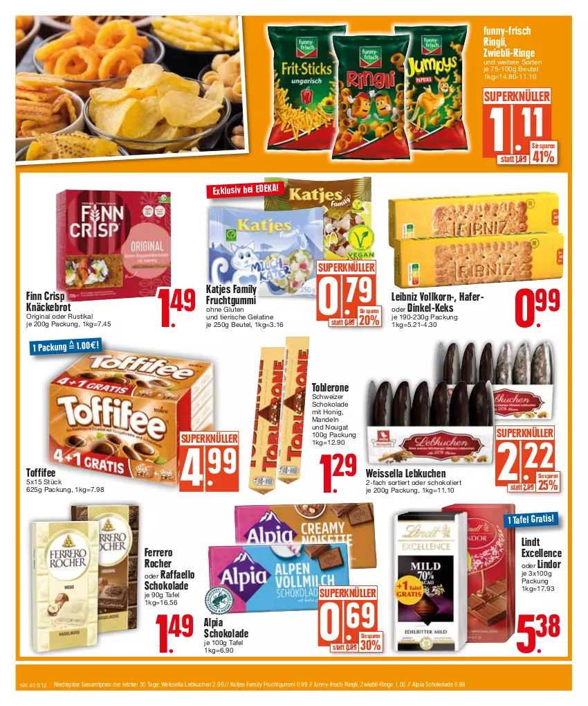 Aktueller Prospekt E Center - Angebote der Woche - von 02.10 bis 07.10.2023 - strona 12 - produkty: alpia, beutel, brot, eis, elle, ferrero, Ferrero Rocher, frucht, fruchtgummi, funny-frisch, gelatine, gin, hafer, honig, katjes, keks, knäckebrot, korn, kuchen, Lebkuchen, leibniz, lindor, lindt, mandel, mandeln, raffaello, reis, ring, schoko, schokolade, Ti, toblerone, toffifee, ZTE