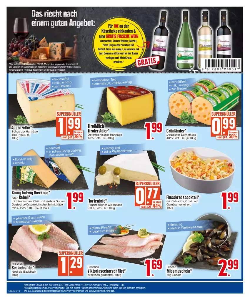 Aktueller Prospekt E Center - Angebote der Woche - von 02.10 bis 07.10.2023 - strona 16 - produkty: Abtei, appenzeller, backfisch, bier, blume, blumen, braten, brie, brot, chili, cocktail, coupon, deka, deutscher schnittkäse, Dunkelbier, eis, elle, filet, fisch, flasche, fleisch, französischer weichkäse, grünländer, hartkäse, Heu, ideal zum braten, Käse, käsetheke, Krebs, lachs, lachsfilet, mac, merl, merlot, milch, Muscheln, nuss, obst, Obst und Gemüse, Pinot, pinot grigio, primitivo, rebell, reis, Ria, Schal, Schale, schnittkäse, schweizer hartkäse, seelachsfilet, Ti, tisch, torte, und gemüse, weichkäse, wein, Weißwein, ZTE