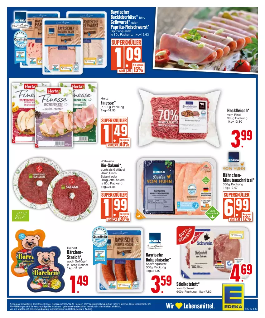 Aktueller Prospekt E Center - Angebote der Woche - von 02.10 bis 07.10.2023 - strona 17 - produkty: Abtei, baguette, Baguette-Salami, Becher, bio, Bio-Salami, deka, eis, finesse, fleisch, fleischwurst, Geflügel, hackfleisch, herta, herta finesse, HP, Käse, kleber, kotelett, leberkäs, leberkäse, minutenschnitzel, paprika, reinert, reis, rind, salami, schnitzel, schwein, spitzenqualität, Ti, wein, wiltmann, wurst, ZTE