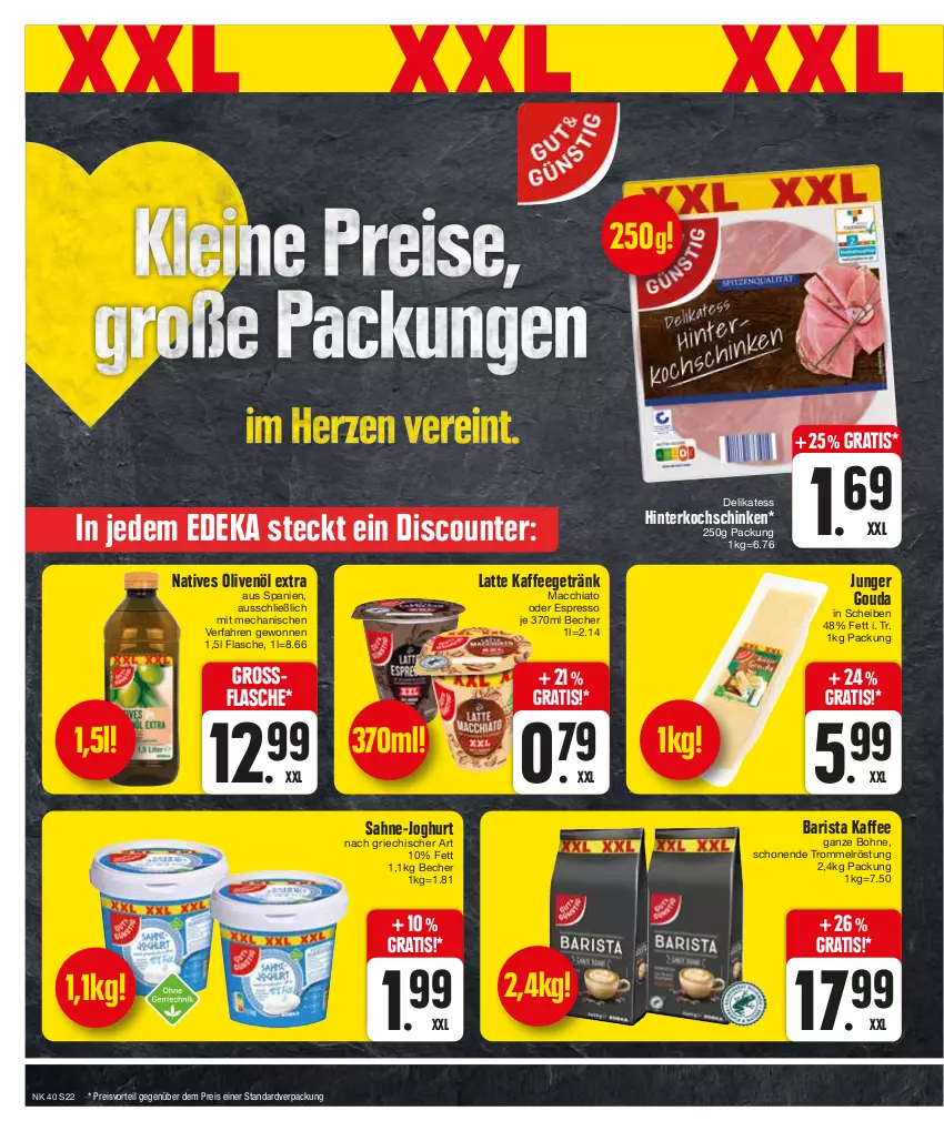 Aktueller Prospekt E Center - Angebote der Woche - von 02.10 bis 07.10.2023 - strona 22 - produkty: ACC, Becher, bohne, chia, deka, discount, eis, espresso, flasche, getränk, gouda, hinterkochschinken, joghur, joghurt, joghurt nach, kaffee, kochschinken, latte, mac, macchiato, natives olivenöl, oder espresso, olive, oliven, olivenöl, olivenöl extra, preisvorteil, reis, sahne, schinken, Ti, trommel