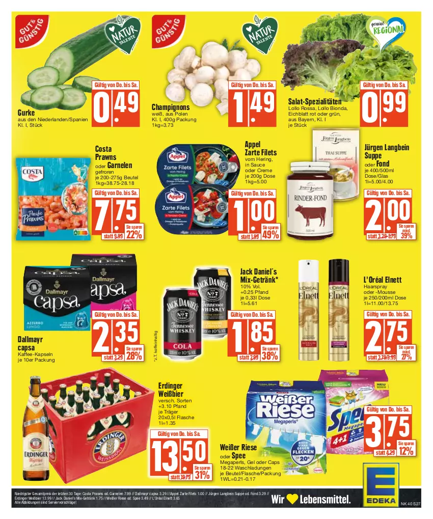 Aktueller Prospekt E Center - Angebote der Woche - von 02.10 bis 07.10.2023 - strona 27 - produkty: beutel, bier, bio, Cap, champignon, champignons, creme, dallmayr, dallmayr capsa, eis, elnett, erdinger, filet, filets, flasche, garnelen, getränk, gurke, haarspray, hering, jack daniel, Jack Daniel’s, kaffee, kaffee-kapseln, megaperls, mousse, prawns, reis, ring, salat, sauce, spee, Spezi, suppe, Ti, ZTE