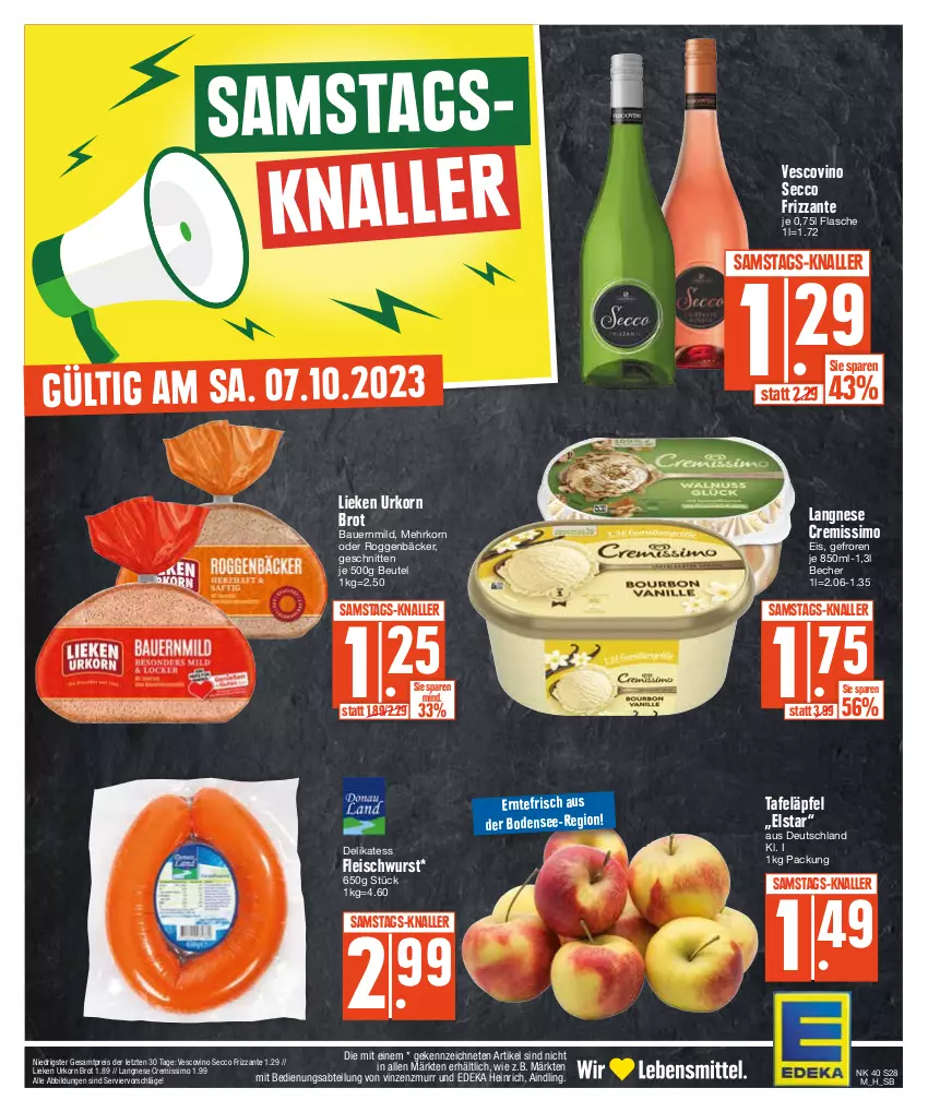 Aktueller Prospekt E Center - Angebote der Woche - von 02.10 bis 07.10.2023 - strona 28 - produkty: Abtei, auer, Bau, Bauer, Becher, beutel, brot, cremissimo, deka, ecco, eis, flasche, fleisch, fleischwurst, frizzante, korn, langnese, langnese cremissimo, lieken, reis, schnitten, sim, tafeläpfel, Ti, urkorn, vescovino, wurst, ZTE