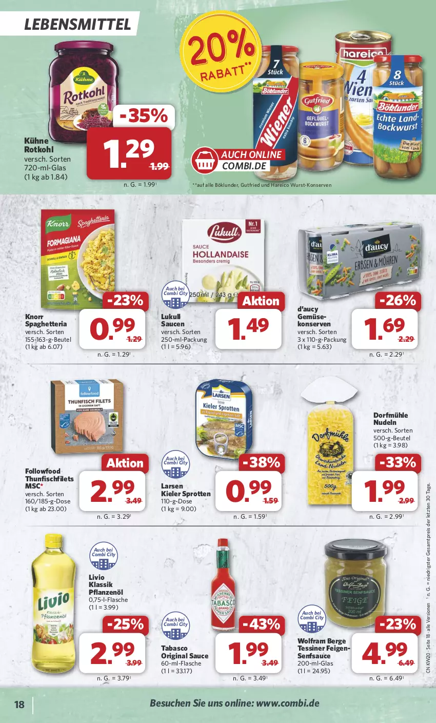 Aktueller Prospekt Combi - Prospekte - von 13.05 bis 18.05.2024 - strona 18 - produkty: beutel, böklunder, eis, Feigen, filet, filets, fisch, flasche, gin, gutfried, knorr, Konserven, Kühne, lebensmittel, lukull, nudel, nudeln, pflanze, pflanzen, Pflanzenöl, reis, Ria, rotkohl, sauce, saucen, senf, Sprotten, tabasco, thunfisch, Ti, wurst, ZTE