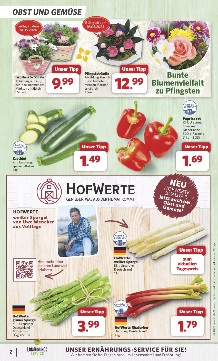 Aktueller Prospekt Combi - Prospekte - von 13.05 bis 18.05.2024 - strona 2 - produkty: blume, blumen, eis, elle, grüner spargel, lebensmittel, obst, Obst und Gemüse, paprika, paprika rot, reis, rhabarber, Schal, Schale, spargel, Ti, und gemüse, ZTE, zucchini