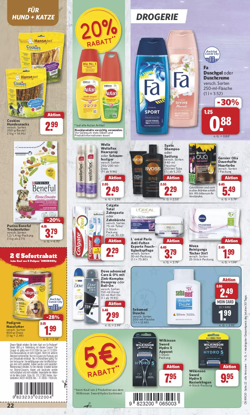 Aktueller Prospekt Combi - Prospekte - von 13.05 bis 18.05.2024 - strona 22 - produkty: anti-falten experte, auer, Autan, beutel, bio, biozidprodukte, bürste, colgate, colgate total, Colorationen, cookie, cookies, coupon, coupons, creme, deo, deospray, dove, duschcreme, dusche, duschgel, eis, ente, erde, fa duschgel, feuchtigkeitspflege, flasche, garnier, gin, haarspray, hundesnack, hundesnacks, L´Oréal, LG, mars, nassfutter, nivea, oder schaumfestiger, pasta, pedigree, purina, Rasierklinge, rasierklingen, Rauch, Reinigung, reis, roll-on, rwe, schaumfestiger, sebamed, shampoo, shampoo oder spülung, snack, snacks, sofortrabatt, spülung, syoss, telefon, Ti, trockenfutter, tücher, uhr, Wella, wellaflex, wilkinson, Yo, zahnbürste, zahnpasta, ZTE