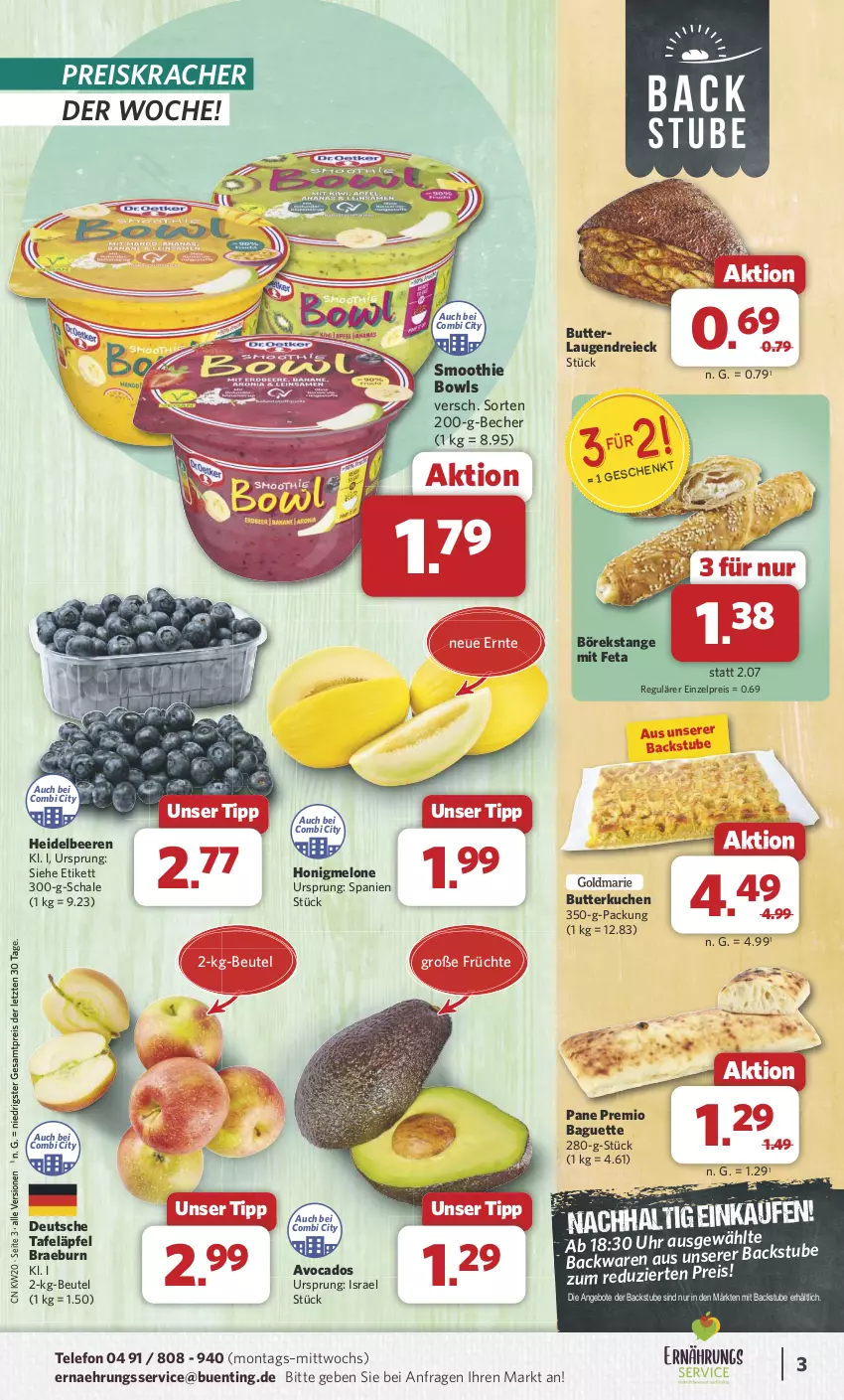 Aktueller Prospekt Combi - Prospekte - von 13.05 bis 18.05.2024 - strona 3 - produkty: angebot, angebote, avocado, avocados, baguette, Becher, beere, beeren, beutel, butter, eis, feta, früchte, heidelbeere, heidelbeeren, honig, honigmelone, kracher, kuchen, melone, reis, Schal, Schale, smoothie, stube, tafeläpfel, telefon, Ti, uhr, ZTE