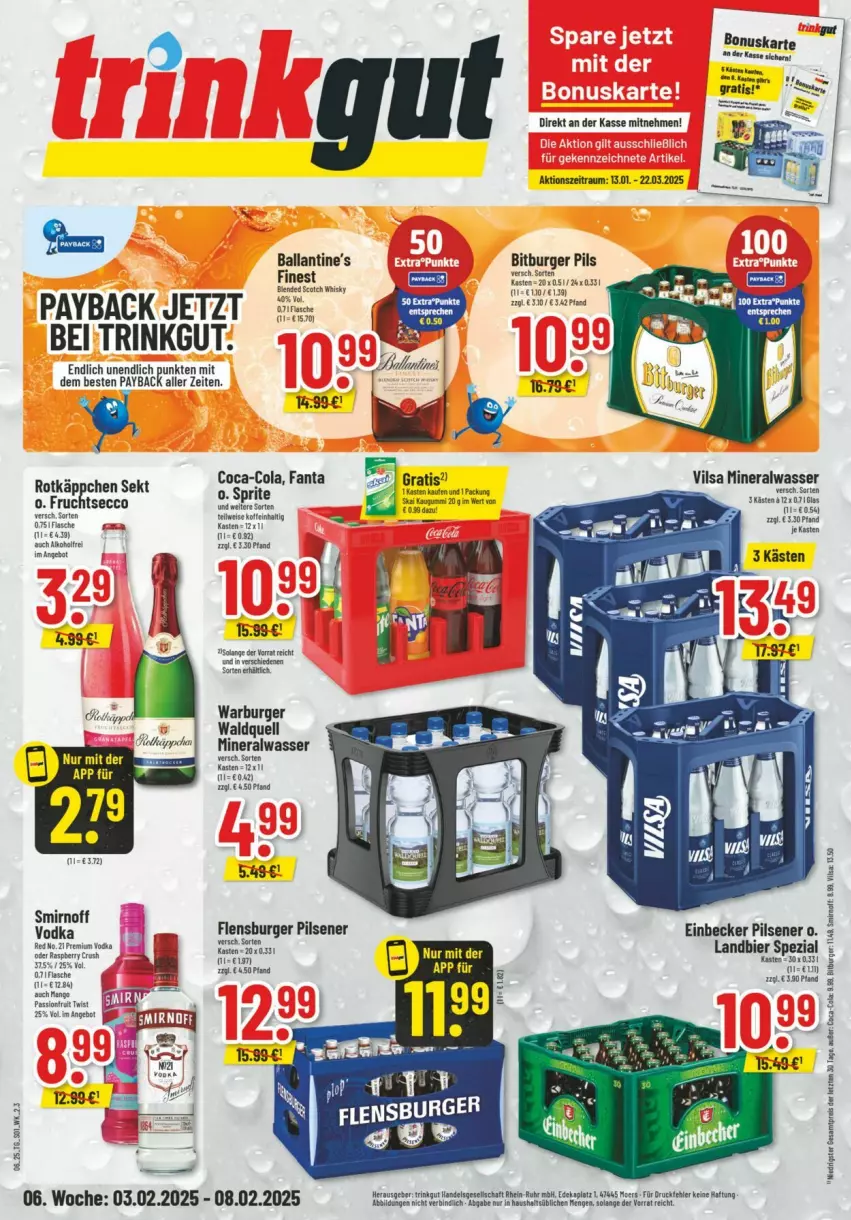 Aktueller Prospekt Trinkgut - Prospekte - von 02.02 bis 08.02.2025 - strona 1 - produkty: Alwa, angebot, ball, Ballantine's, bier, bitburger, bitburger pils, blended scotch, blended scotch whisky, burger, coca-cola, cola, ecco, eis, fanta, flasche, flensburger, frucht, fruchtsecco, mango, mineralwasser, payback, pils, pilsener, premium vodka, raspberry, reis, rind, rotkäppchen, salami, scotch, scotch whisky, sekt, Spezi, sprite, tee, Ti, vilsa, vodka, wasser, whisky, ZTE