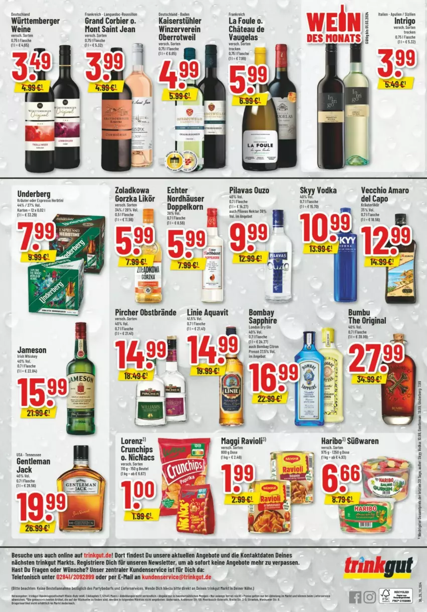 Aktueller Prospekt Trinkgut - Prospekte - von 02.02 bis 08.02.2025 - strona 6 - produkty: amaro, angebot, angebote, aqua, aquavit, Bad, Bau, Berger, bier, Bumbu, Cap, doppelkorn, elle, fisch, fische, flasche, gin, haribo, irish whiskey, jameson, Kaiser, Kamin, korn, kräuter, likör, lorenz, maggi, obst, ouzo, pircher, ravioli, sapphire, skyy, Skyy Vodka, Stühl, telefon, Ti, underberg, vodka, wein, weine, whiskey