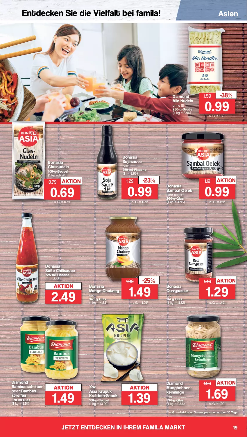 Aktueller Prospekt Famila - Prospekte - von 05.02 bis 10.02.2024 - strona 19 - produkty: bambus, beutel, bohne, bohnen, Bona, chili, curry, decke, eis, flasche, mango, nudel, nudeln, reifen, reis, Sambal Oelek, sauce, snack, soja, sojasauce, Ti, ZTE