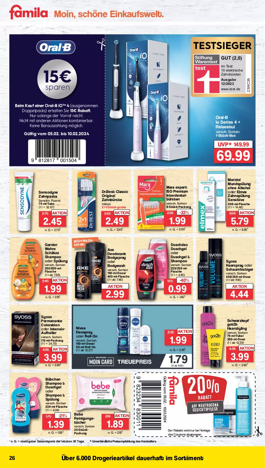 Aktueller Prospekt Famila - Prospekte - von 05.02 bis 10.02.2024 - strona 26 - produkty: alkohol, auer, axe, Bebe, body, bodyspray, bübchen, bürste, bürsten, coupon, coupons, deo, deodorant, deospray, duschdas, duschgel, eis, elektrische zahnbürste, elle, elmex, ente, erde, flasche, garnier, gesichtspflege, gin, got2b, haarspray, meridol, mundspülung, neutrogena, nivea, oder schaumfestiger, ohne alkohol, oral-b, pasta, Reinigung, reinigungstücher, reis, roll-on, schaumfestiger, schwarzkop, schwarzkopf, sensodyne, shampoo, shampoo oder spülung, spülung, syoss, teller, Ti, tücher, Wahre Schätze, Yo, zahnbürste, zahnbürsten, zahnpasta, ZTE