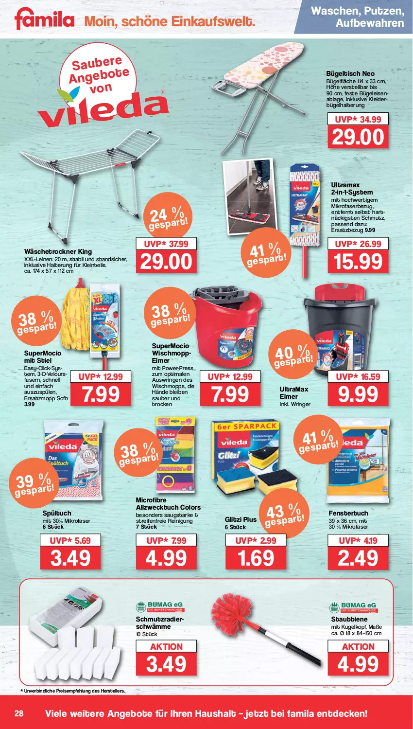 Aktueller Prospekt Famila - Prospekte - von 05.02 bis 10.02.2024 - strona 28 - produkty: angebot, angebote, bügel, Bügeleisen, bügeltisch, decke, eimer, eis, elle, fenster, kleid, kleider, kleiderbügel, Kugel, leine, mikrofaser, rama, reifen, Reinigung, reis, ring, Spülen, teller, Ti, tisch, Trockner, tuc, wäschetrockner, weck, Wischmopp