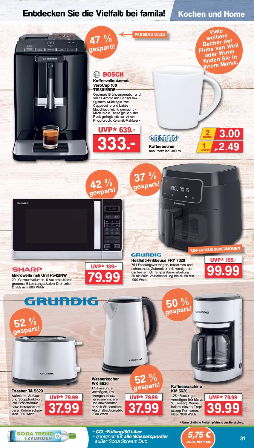 Aktueller Prospekt Famila - Prospekte - von 05.02 bis 10.02.2024 - strona 31 - produkty: ACC, auer, auto, Becher, brötchen, brötchenaufsatz, Cap, cappuccino, chia, cin, dauertiefpreis, decke, eis, elle, fritteuse, garraum, grill, kaffee, kaffeebecher, kaffeemaschine, kaffeevollautomat, Kocher, latte, latte macchiato, mac, macchiato, mikrowelle, milch, reis, Schal, Soda, tasse, teller, Ti, tiefpreis, toast, toaster, wasser, wasserfilter, wasserkocher, wassersprudler