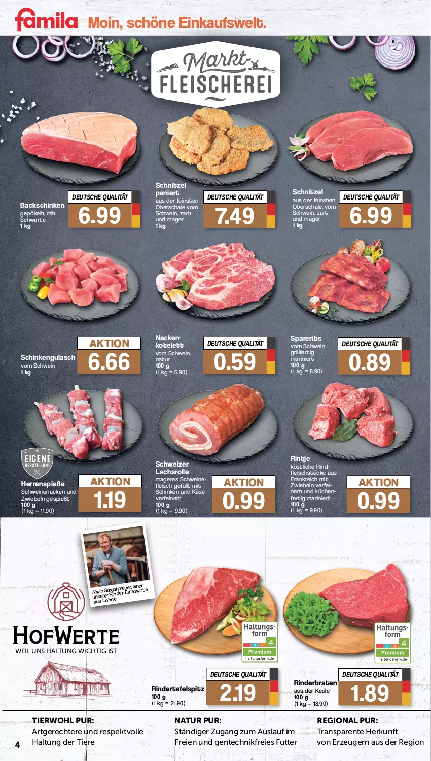 Aktueller Prospekt Famila - Prospekte - von 05.02 bis 10.02.2024 - strona 4 - produkty: braten, eis, ente, fleisch, grill, gulasch, Käse, kotelett, küche, Küchen, lachs, Lachsrolle, mit zwiebeln, natur, rind, rinder, rinderbraten, rindfleisch, Schal, Schale, schinken, schnitzel, schwein, schweine, schweinefleisch, schweinenacken, spareribs, tafelspitz, Ti, Tiere, wein, weine, zwiebel, zwiebeln