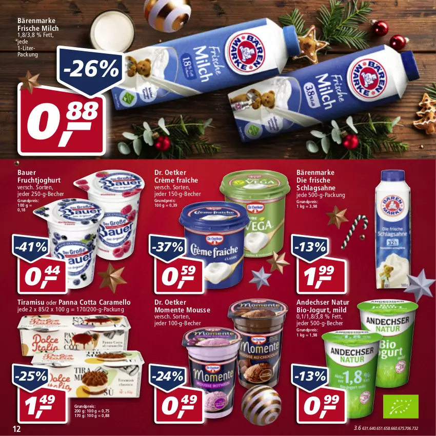 Aktueller Prospekt Real - Real Handzettel - von 20.12 bis 25.12.2021 - strona 12 - produkty: andechser natur, auer, bärenmarke, Bau, Bauer, Becher, bio, caramel, crème fraîche, Dr. Oetker, eis, ente, frische milch, frucht, fruchtjoghurt, joghur, joghurt, jogurt, milch, mousse, natur, panna cotta, reis, sahne, schlagsahne, Ti, tiramisu